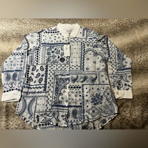JOHNNY WAS Vanya Schiffli Oversized Shirt Womens White Blue Embroidered Boho NWT